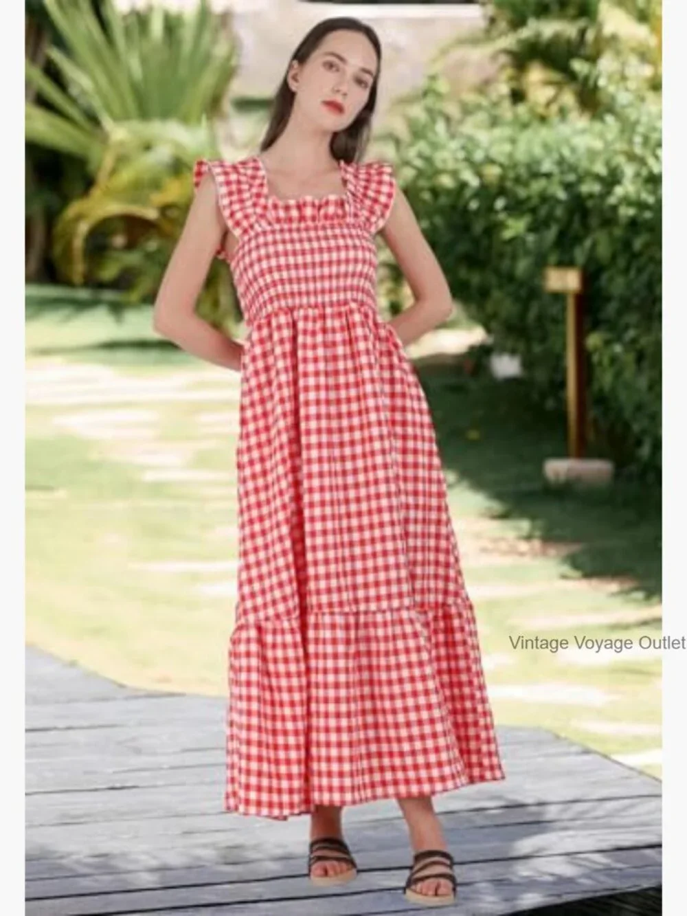 Sleeveless Smocked Plaid Maxi Dress Flowy Ruffle Boho Casual - Picture 3 of 6